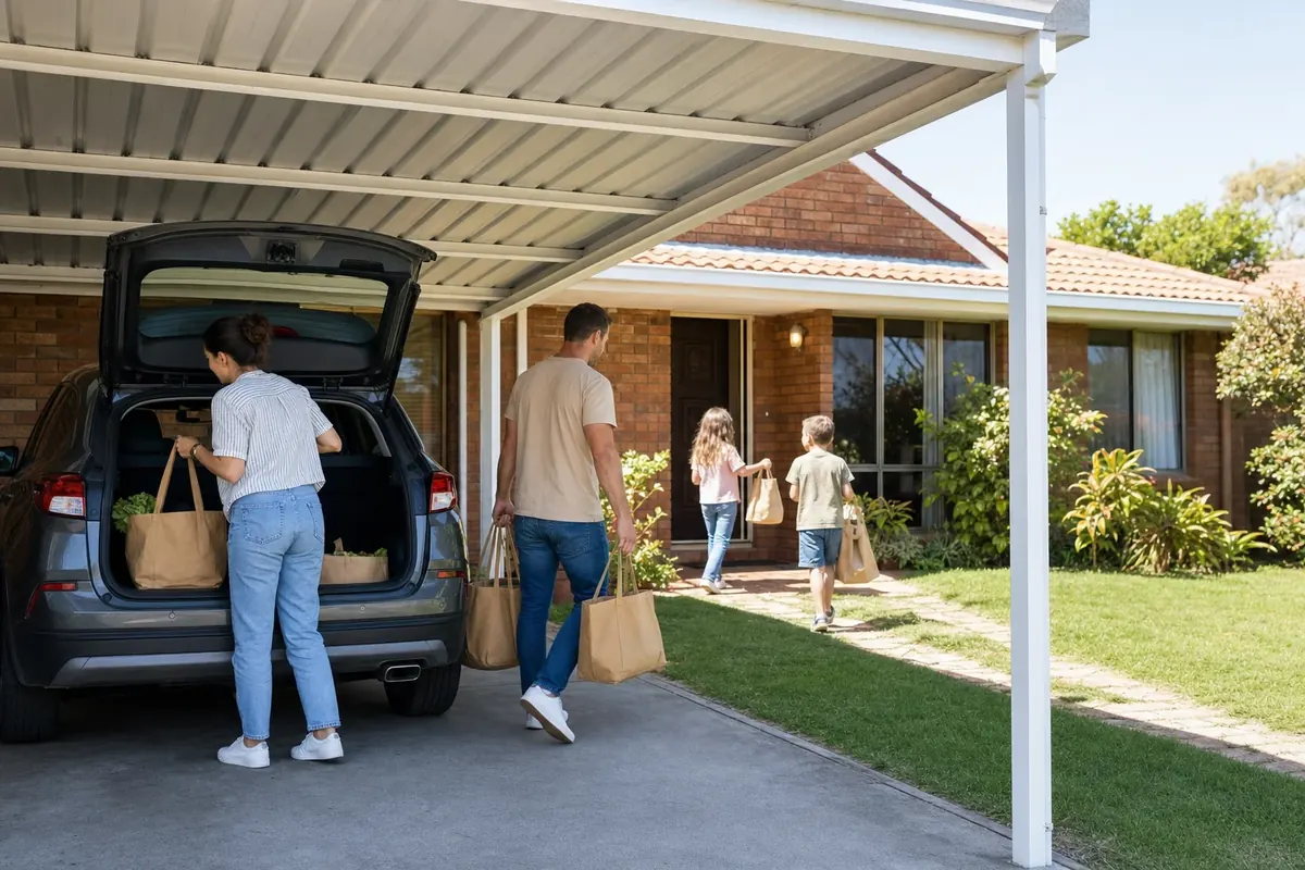 Family unloading shopping from a car under a white steel carport at a Perth brick home