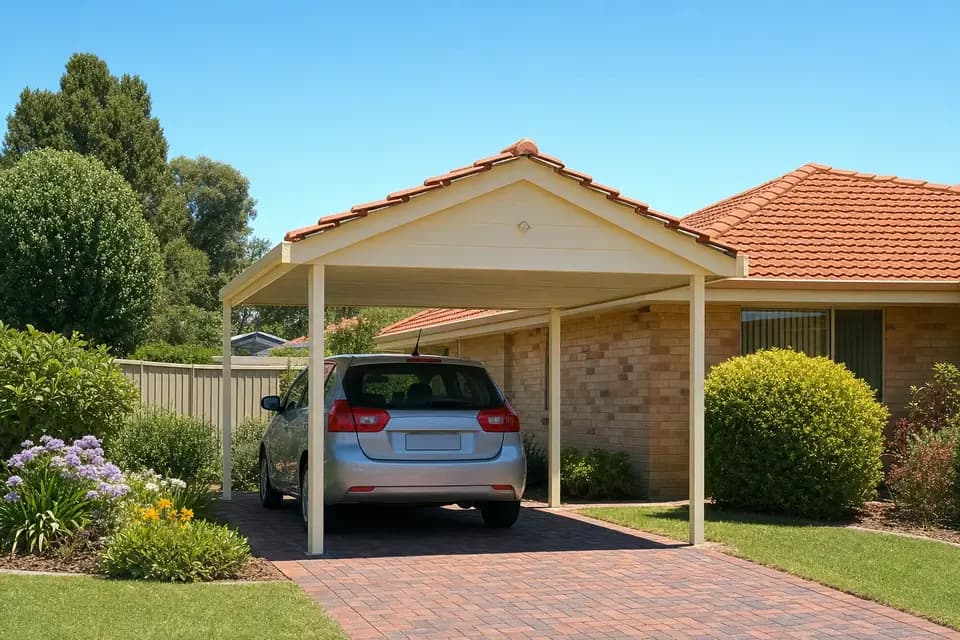Single carport with a gable roof matching a Perth brick home with a tile roof