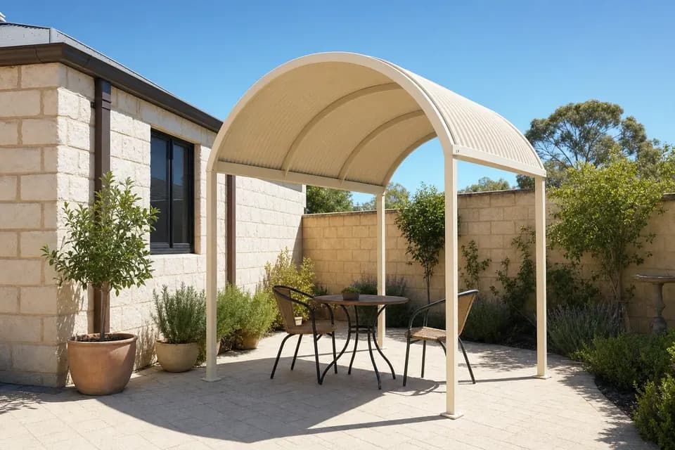 Small cream dome patio over a courtyard bench beside a limestone Perth home