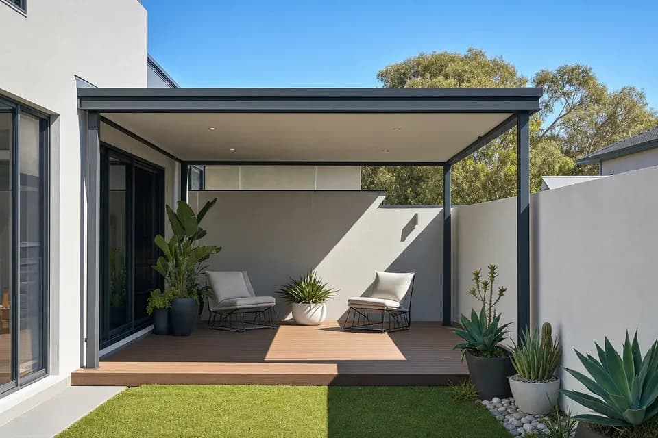 Flat roof patio in charcoal steel over a small courtyard with lounge chairs beside a Perth townhouse