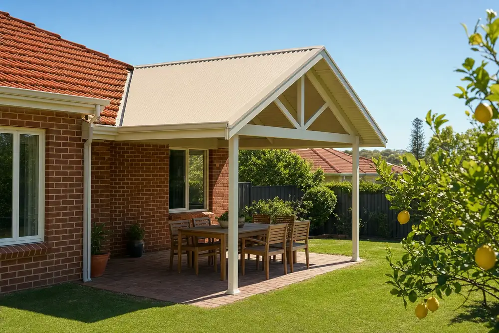 Cream gable patio joined to a red brick Perth home with a terracotta tile roof
