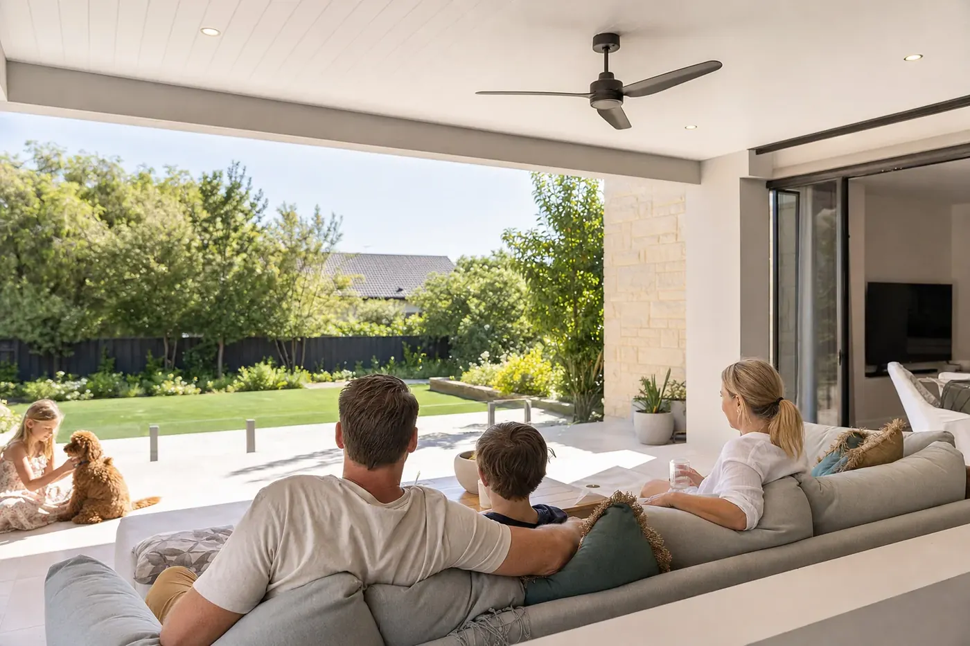 Family relaxing on an outdoor lounge under an insulated patio ceiling on a bright Perth day