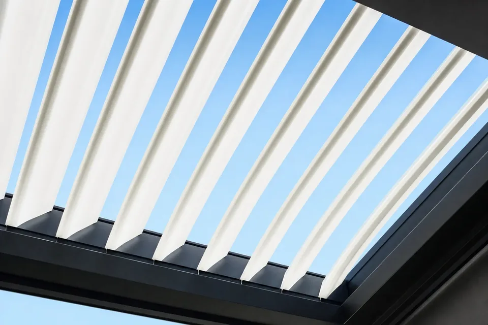 Underside of a louvre roof with white blades tilted open to a blue sky