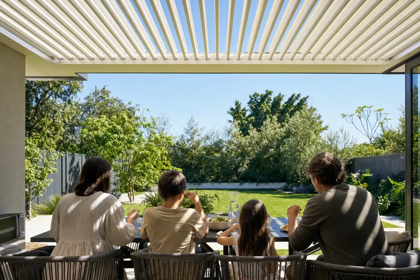 Louvre roof patio with the blades open over a dining table
