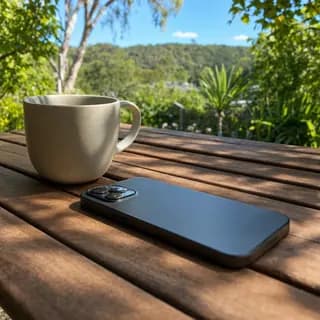 Phone and coffee cup on an outdoor table
