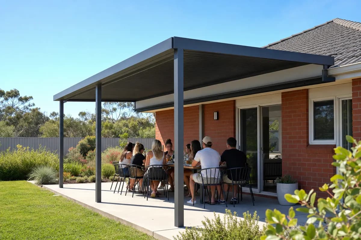 Friends at a long table under a charcoal raised flat patio on a red brick Perth home