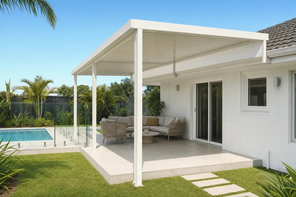 White raised flat patio joined above the gutter of a single-storey home beside a backyard pool