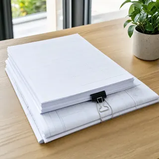 Stack of plans and permit forms held with a clip