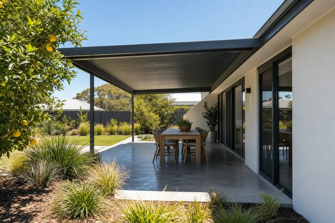 Skillion patio with a charcoal single-slope steel roof over a concrete alfresco